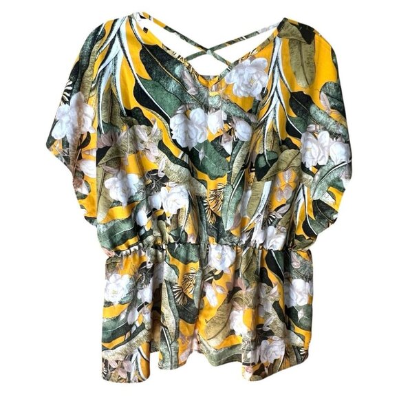 Yellow Tropical Botanical Jungle Floral Peplum Blouse - Picture 1 of 5